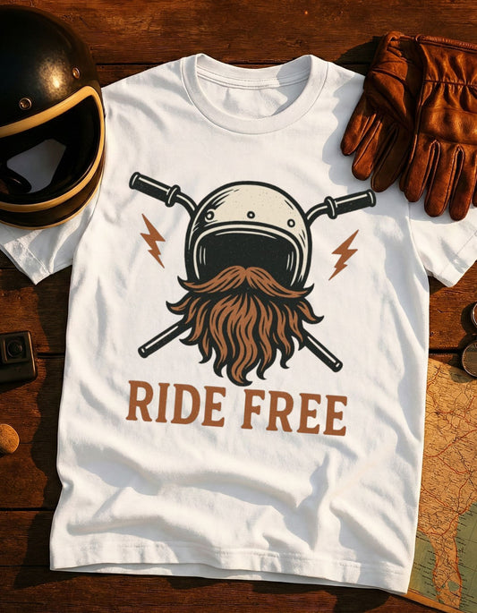 Ride Free Beard Helmet T-Shirt — Vintage Motorcycle Tee for Riders & Bikers