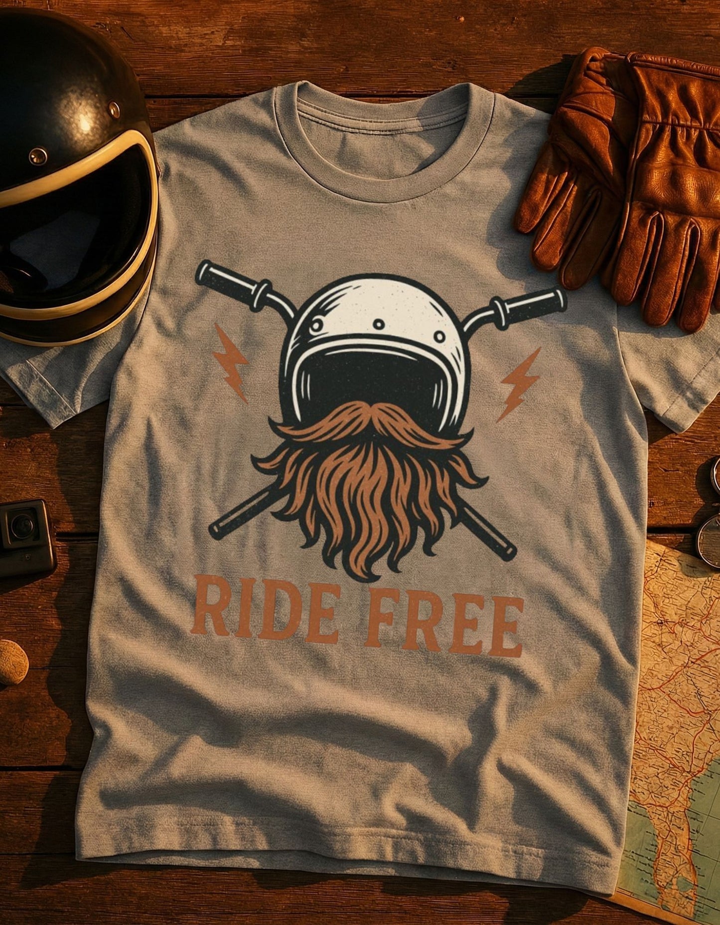 Ride Free Beard Helmet T-Shirt — Vintage Motorcycle Tee for Riders & Bikers