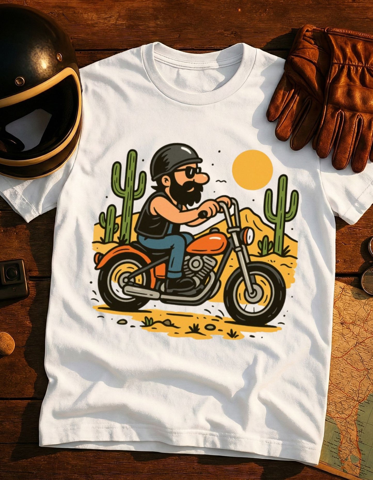 Desert Rider Motorcycle T-Shirt — Vintage Biker Illustration