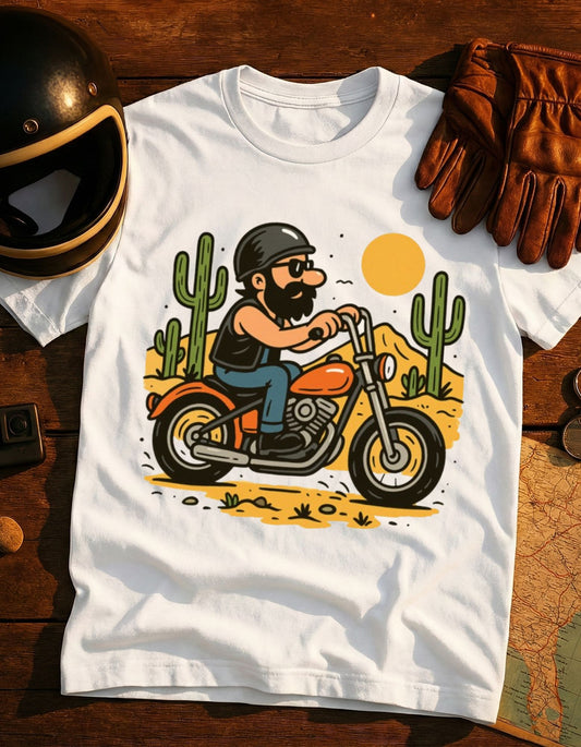 Desert Rider Motorcycle T-Shirt — Vintage Biker Illustration