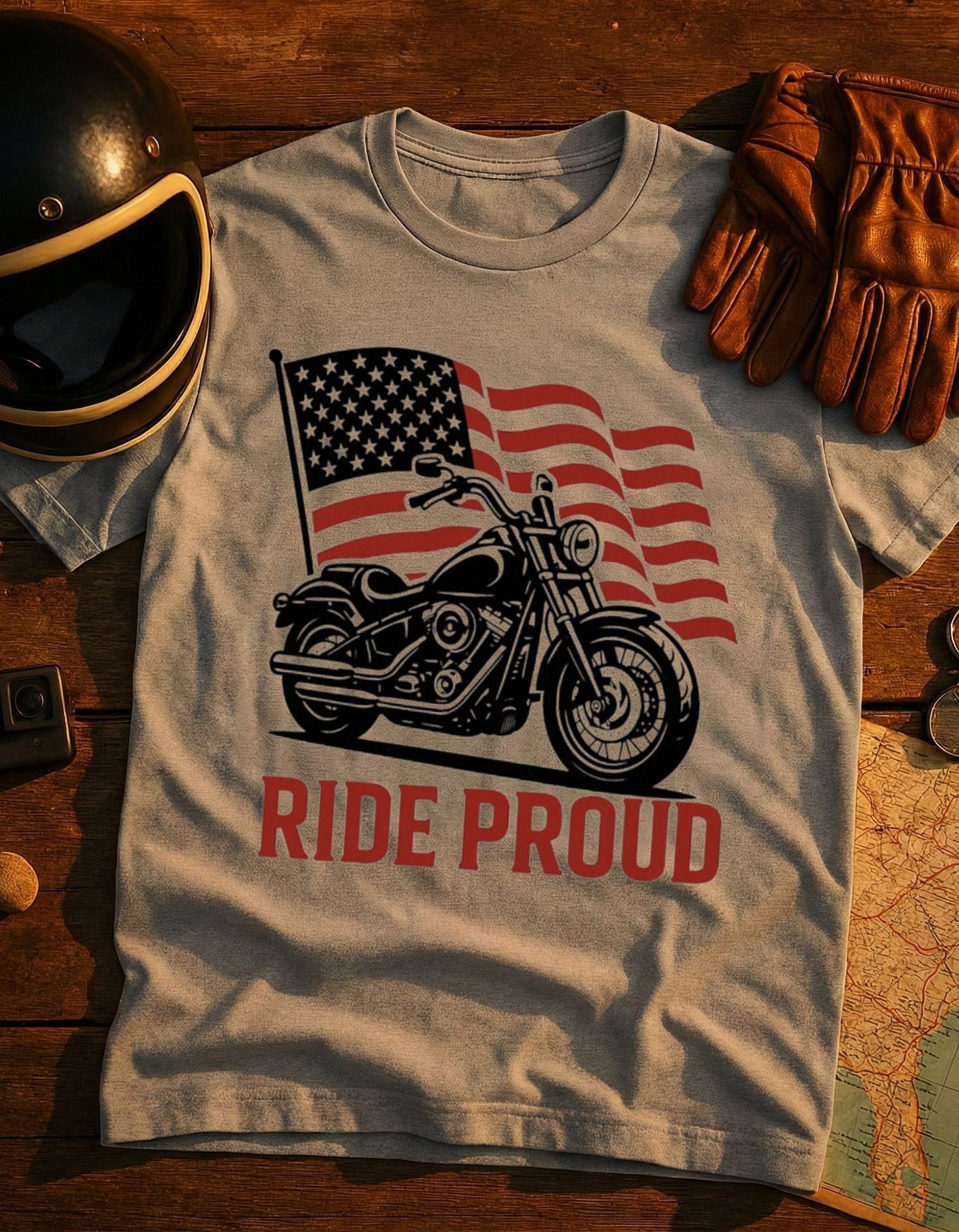 Ride Proud Motorcycle T-Shirt — American Flag Biker Tee