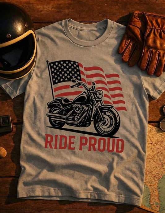 Ride Proud Motorcycle T-Shirt — American Flag Biker Tee