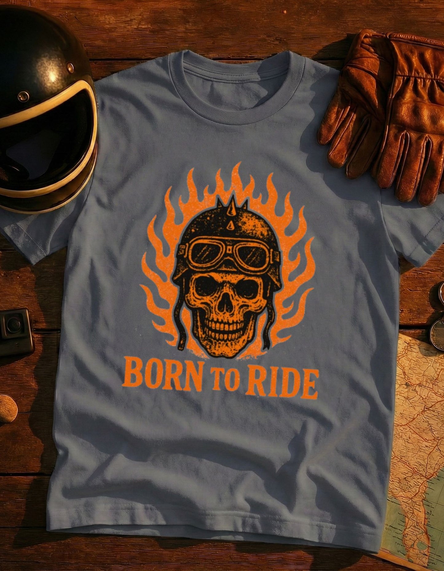 Born to Ride Skull T-Shirt – Flaming Helmet Motorcycle Tee
