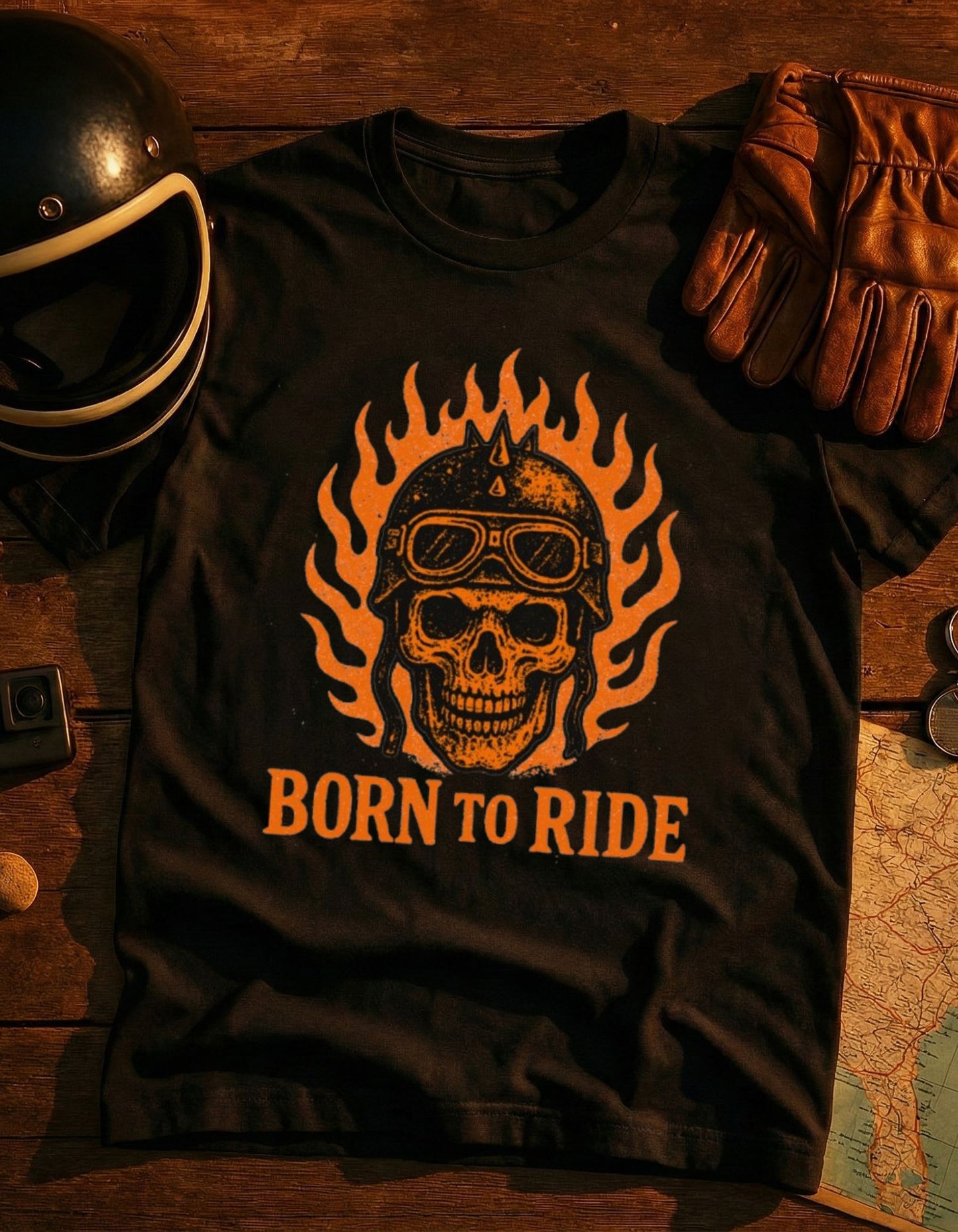 Born to Ride Skull T-Shirt – Flaming Helmet Motorcycle Tee