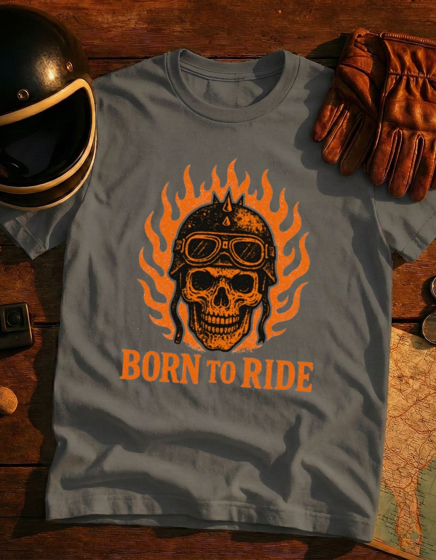 Born to Ride Skull T-Shirt – Flaming Helmet Motorcycle Tee