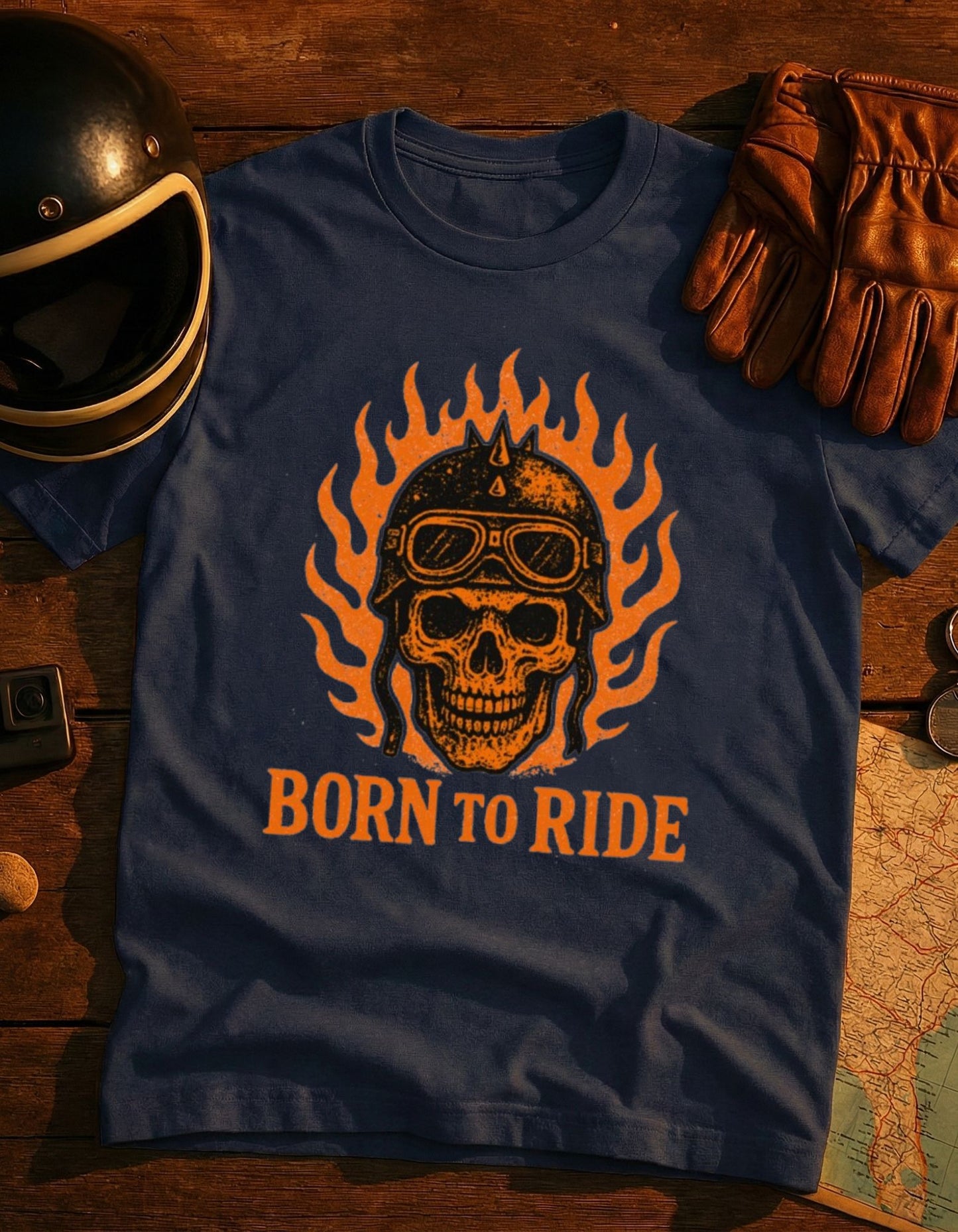Born to Ride Skull T-Shirt – Flaming Helmet Motorcycle Tee