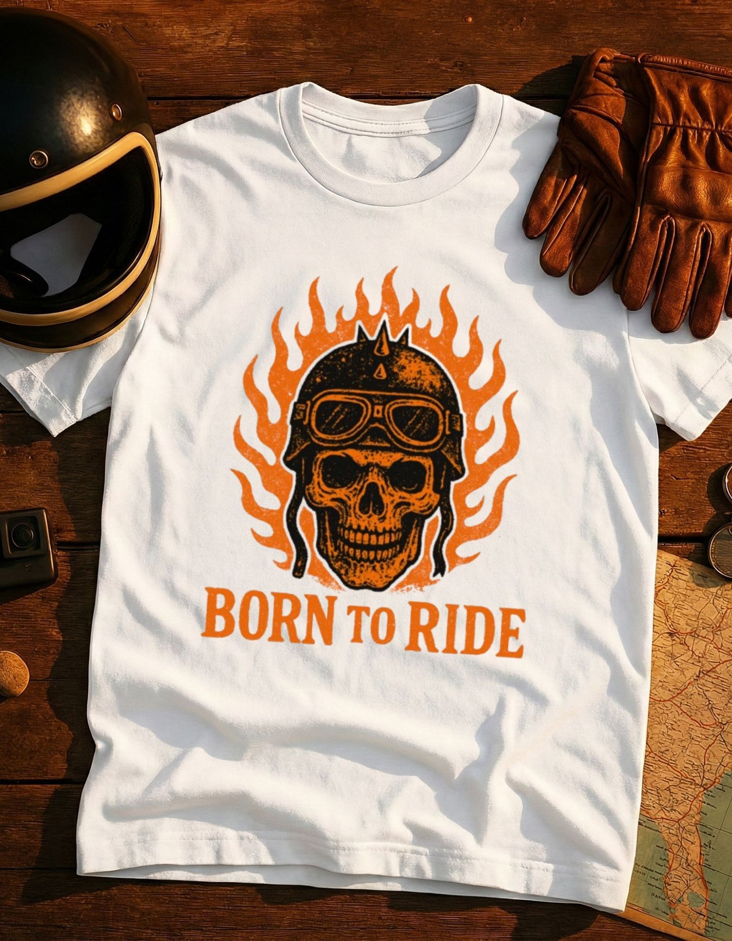 Born to Ride Skull T-Shirt – Flaming Helmet Motorcycle Tee