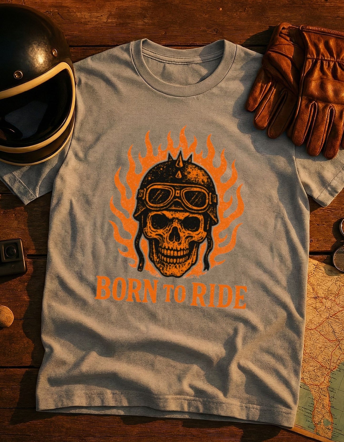 Born to Ride Skull T-Shirt – Flaming Helmet Motorcycle Tee