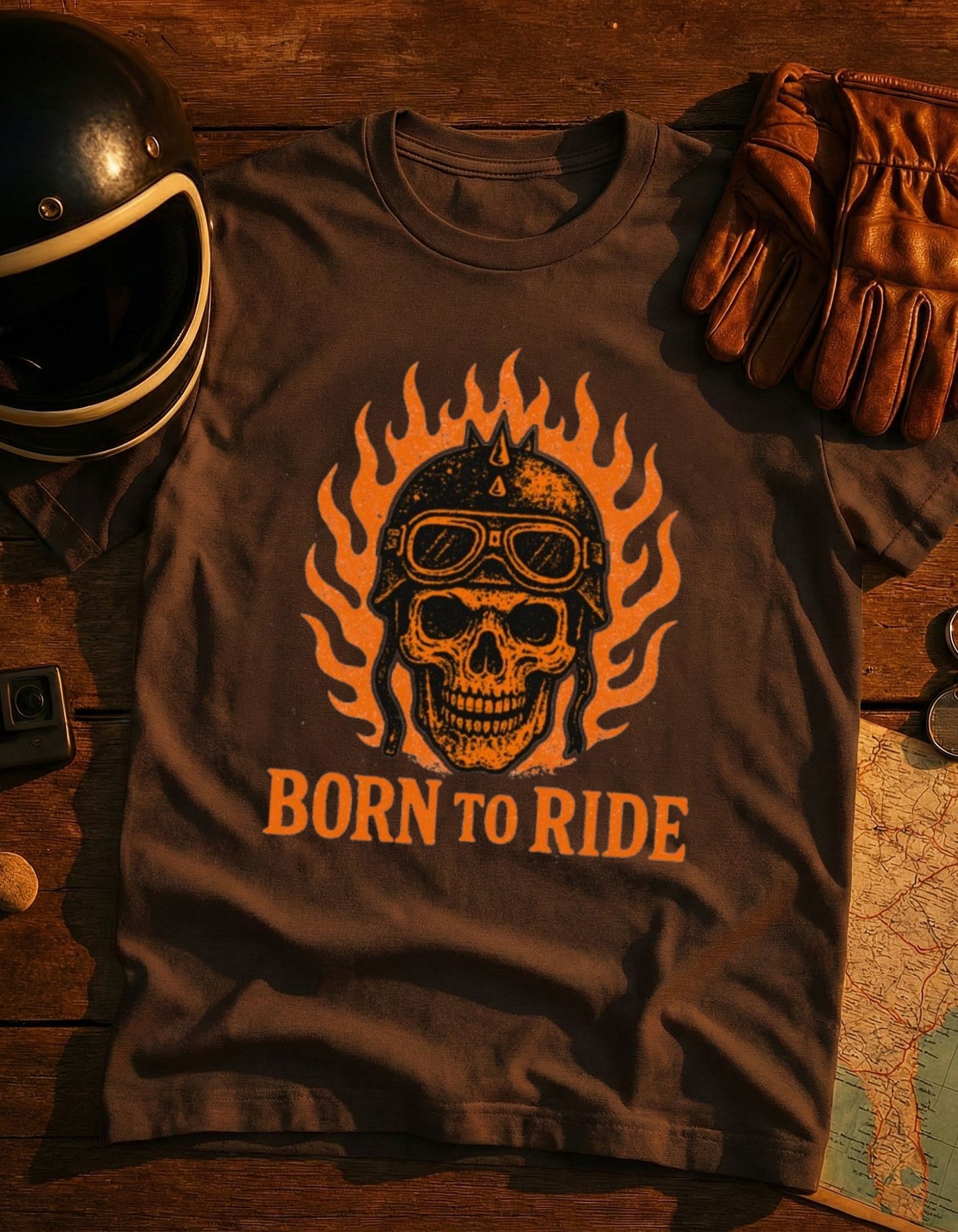 Born to Ride Skull T-Shirt – Flaming Helmet Motorcycle Tee