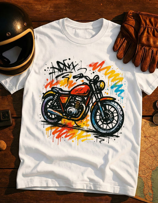 Vintage Motorcycle Sketch T-Shirt — Colorful Retro Bike Art Tee