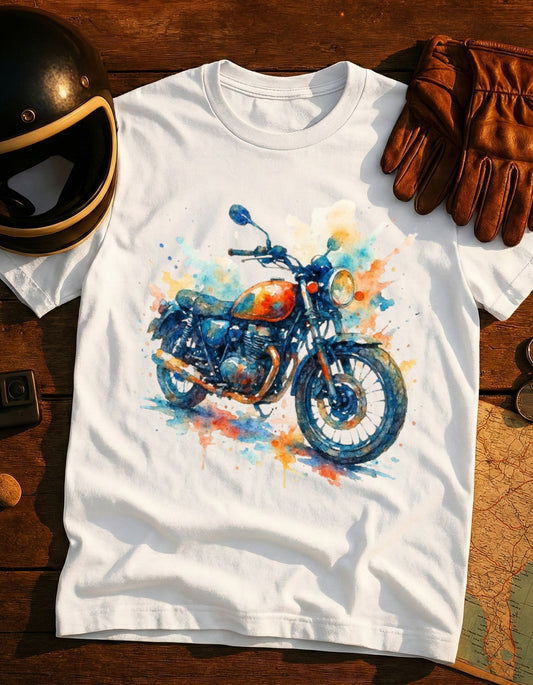 Motorcycle Watercolor T-Shirt — Vintage Bike Art Tee