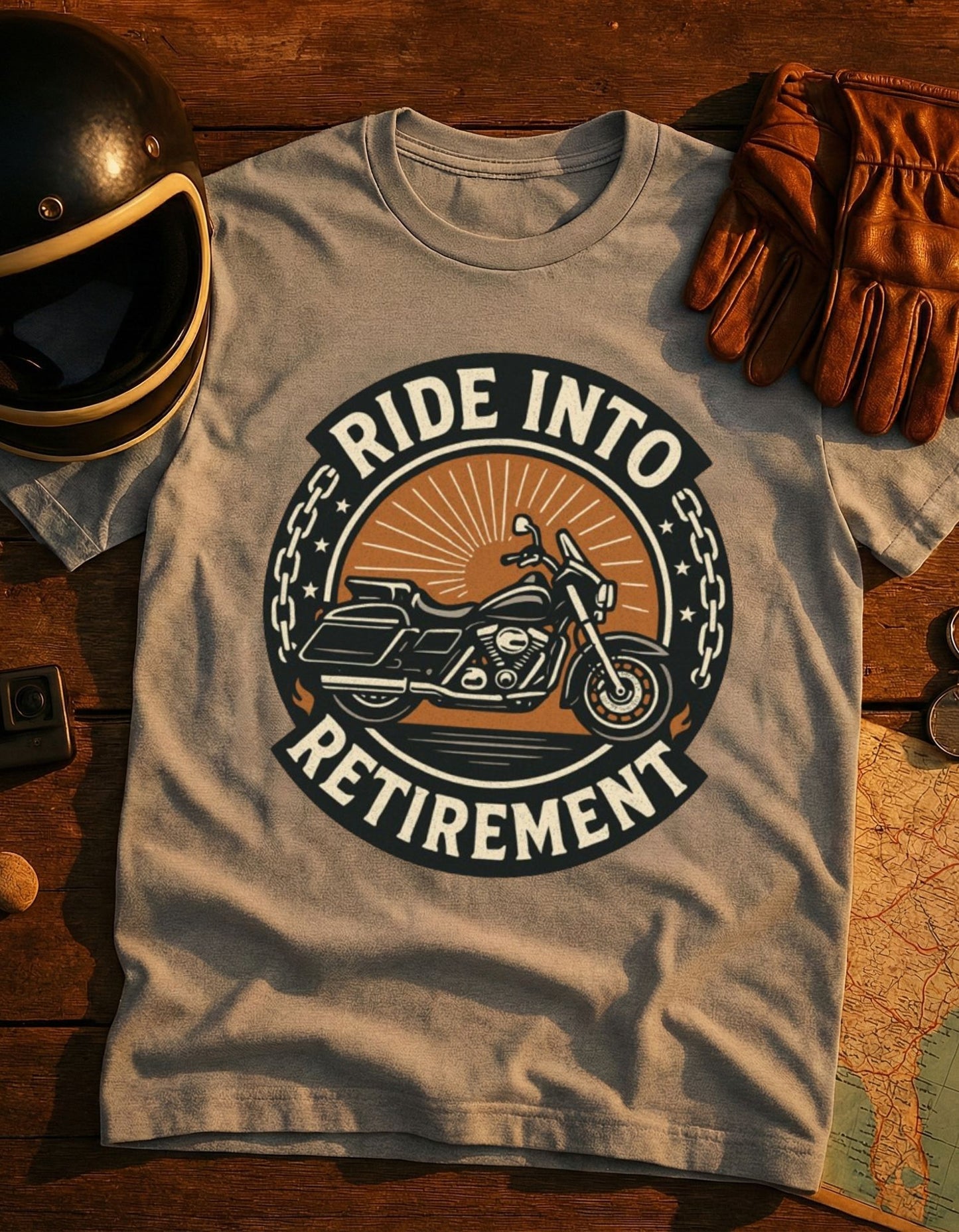 Ride Into Retirement Motorcycle T‑Shirt — Funny Retirement Gift for Bikers