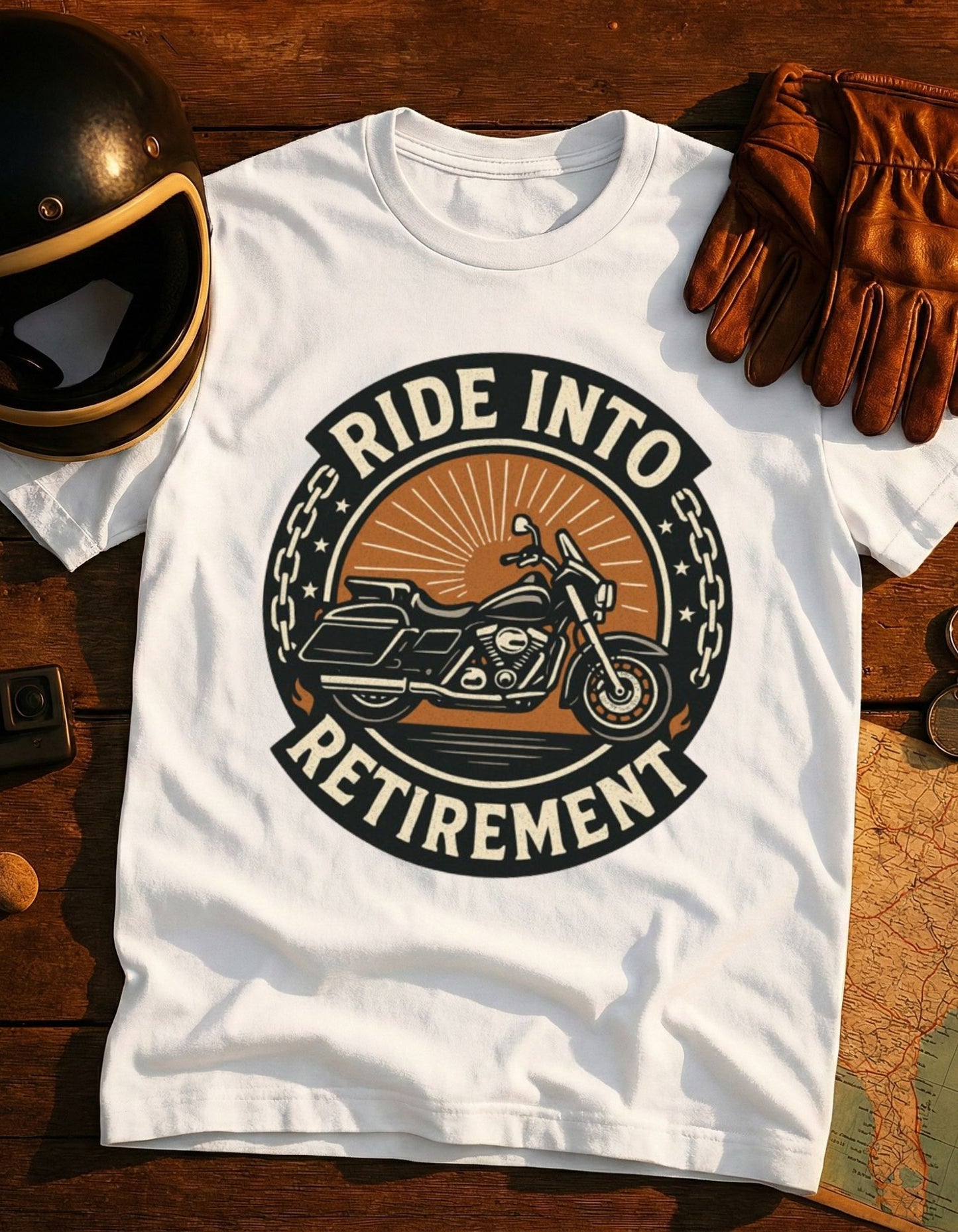Ride Into Retirement Motorcycle T‑Shirt — Funny Retirement Gift for Bikers