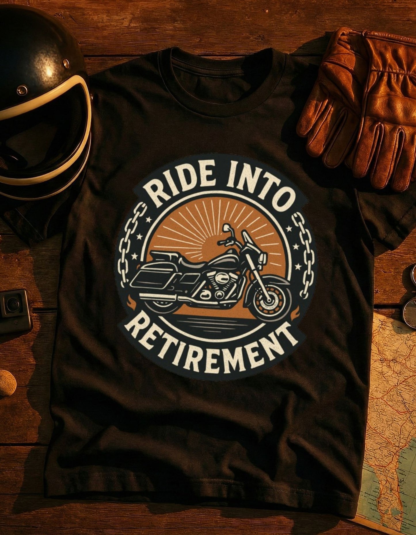 Ride Into Retirement Motorcycle T‑Shirt — Funny Retirement Gift for Bikers