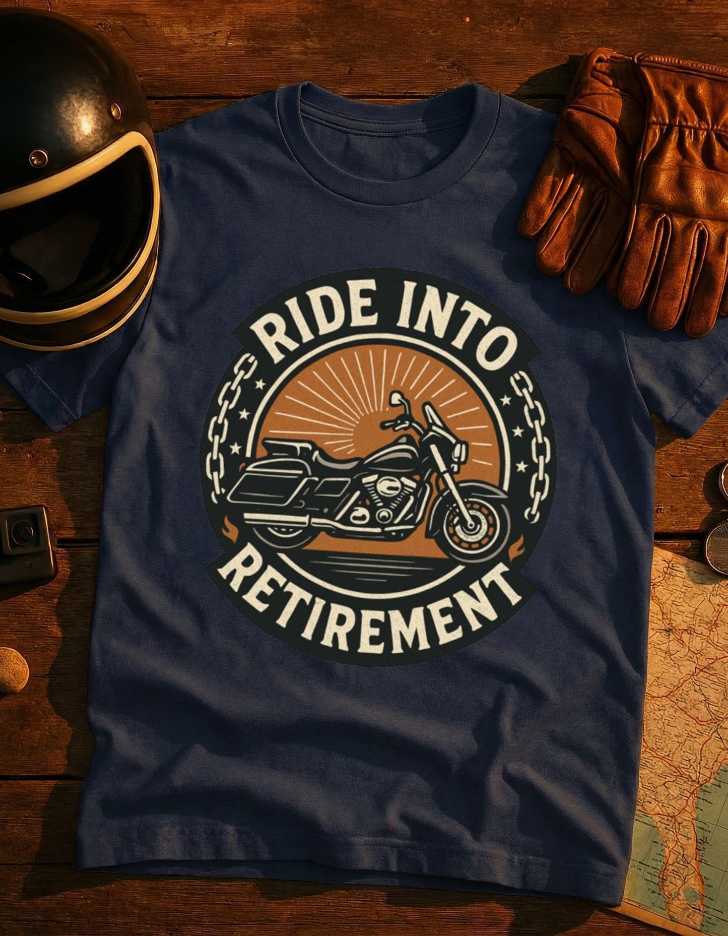 Ride Into Retirement Motorcycle T‑Shirt — Funny Retirement Gift for Bikers