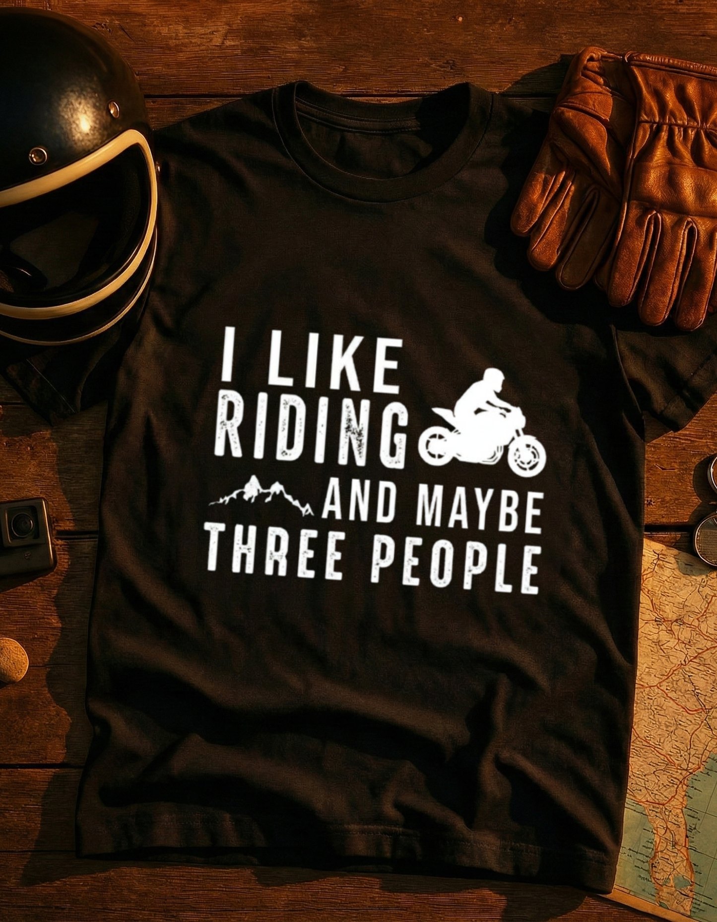 Motorcycle T-Shirt — "I Like Riding and Maybe Three People" Funny Biker Tee