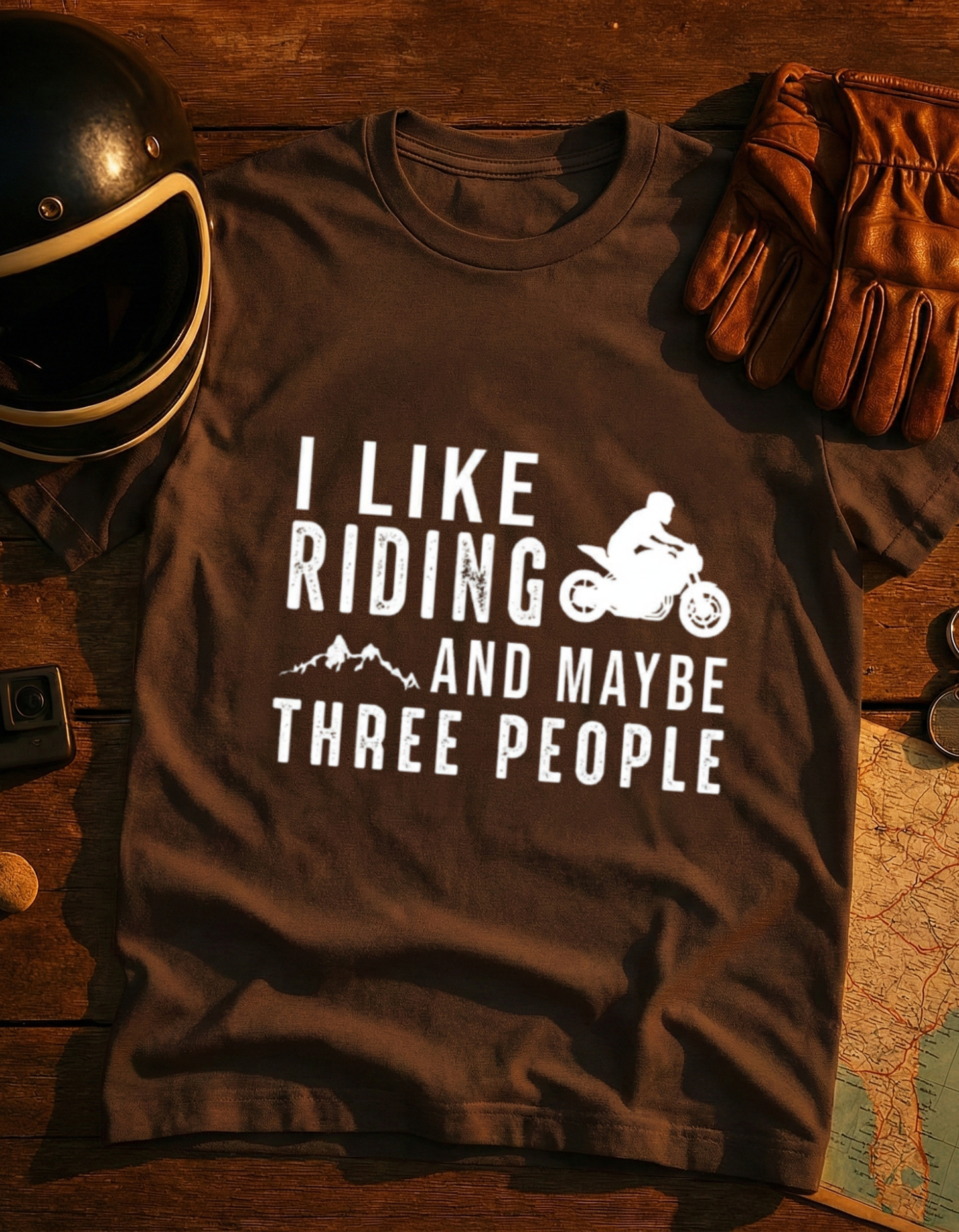 Motorcycle T-Shirt — "I Like Riding and Maybe Three People" Funny Biker Tee