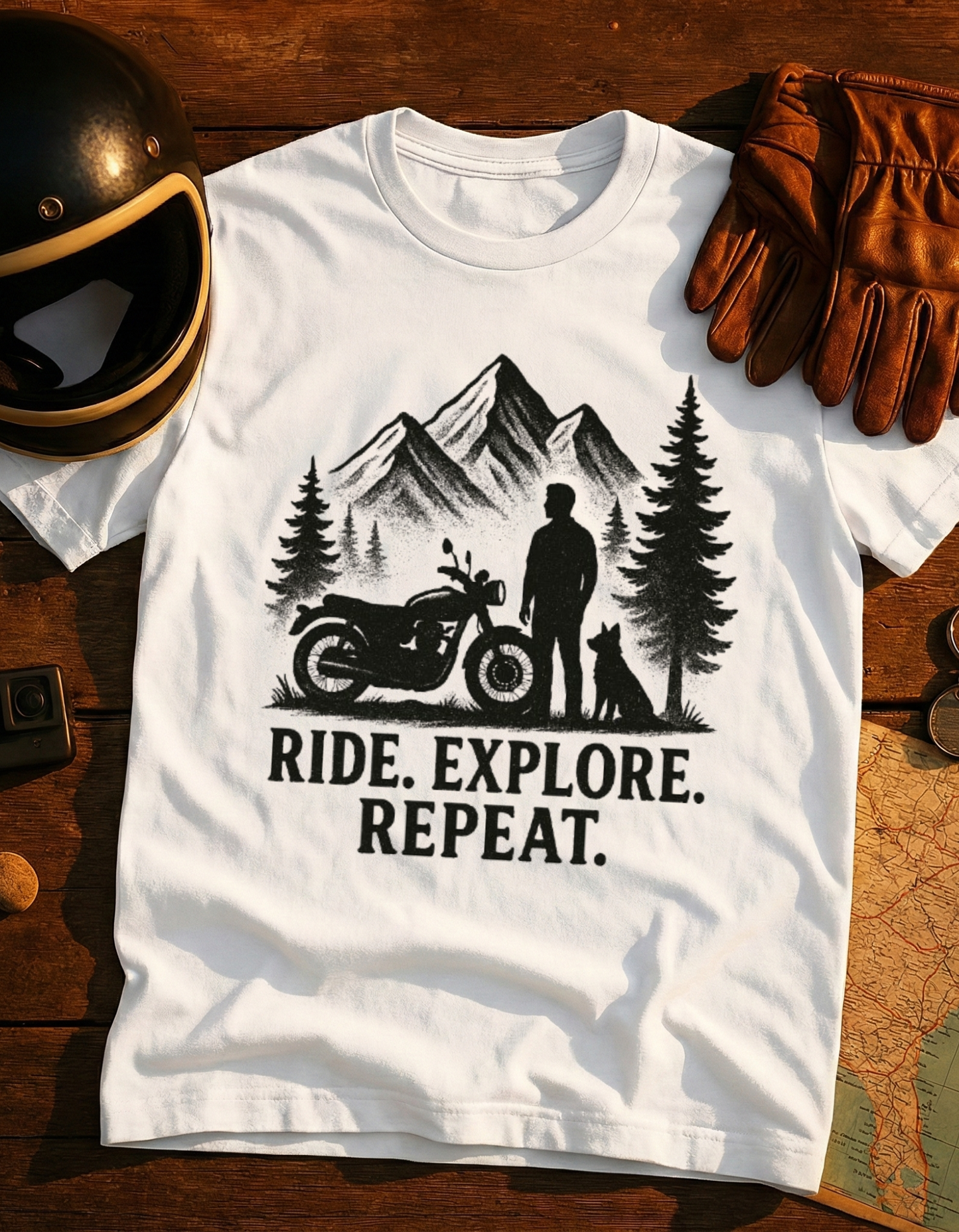 Ride. Explore. Repeat. Motorcycle Adventure T-Shirt