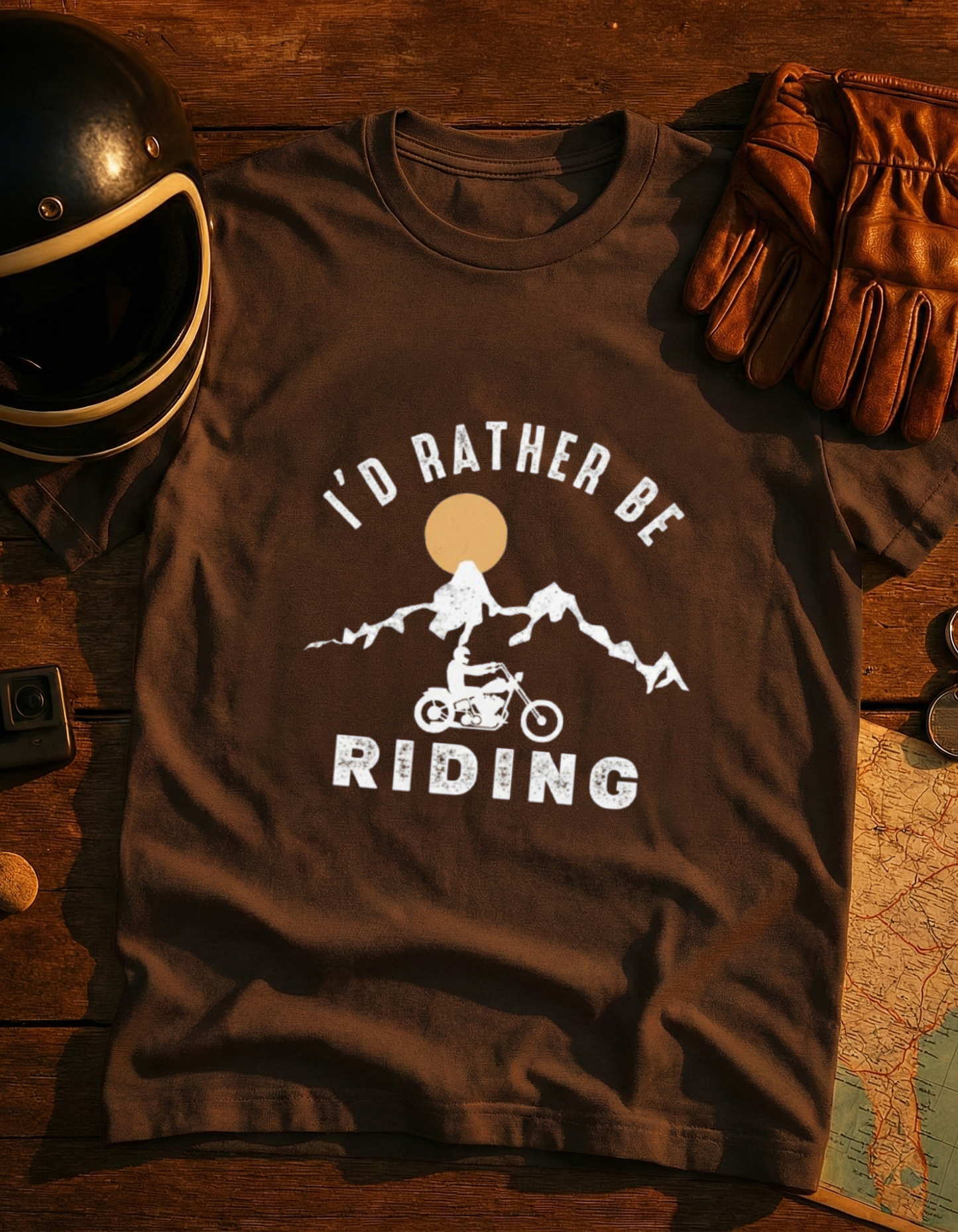 I’d Rather Be Riding Motorcycle T-Shirt – Adventure Biker Tee with Mountain Sunset
