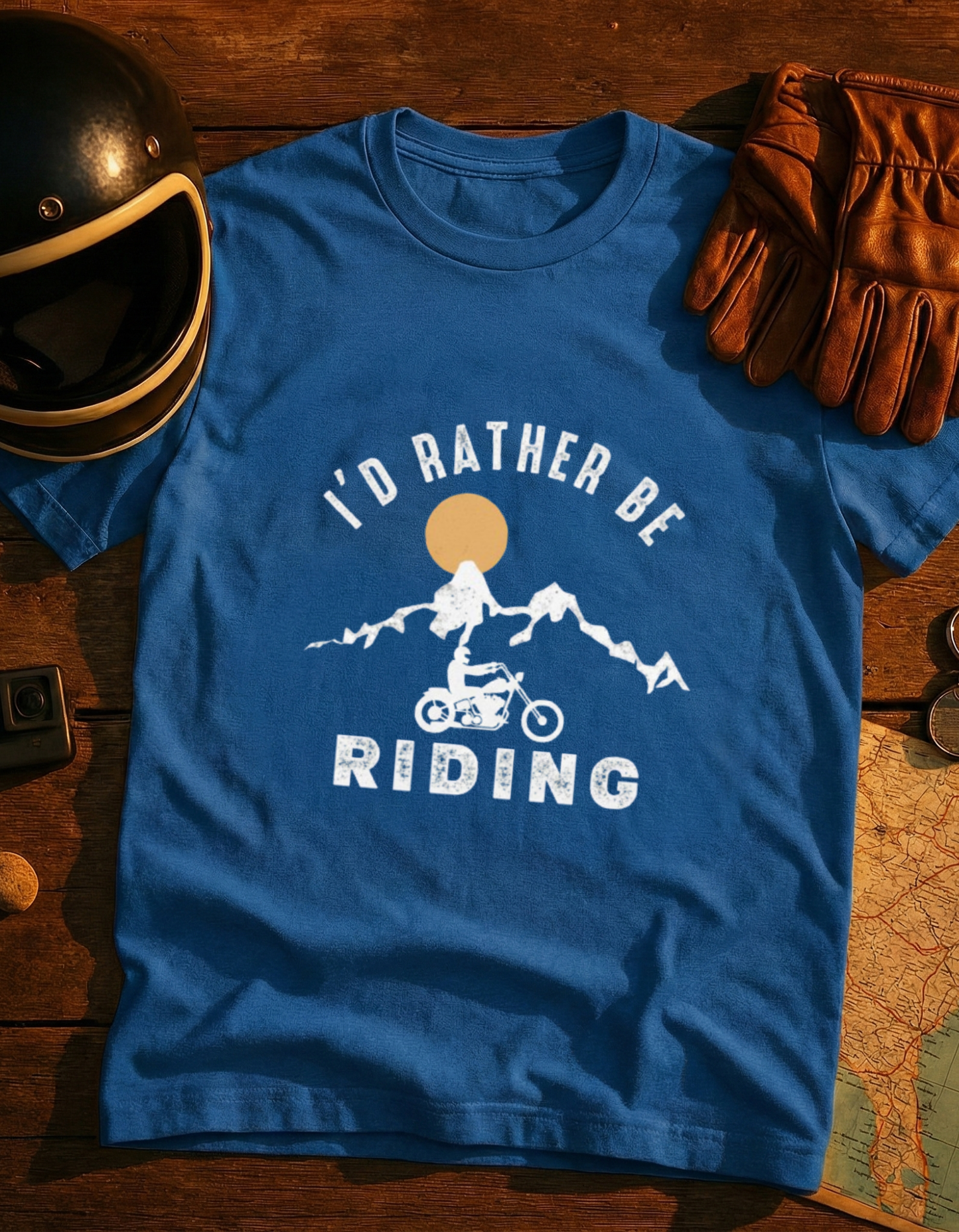 I’d Rather Be Riding Motorcycle T-Shirt – Adventure Biker Tee with Mountain Sunset