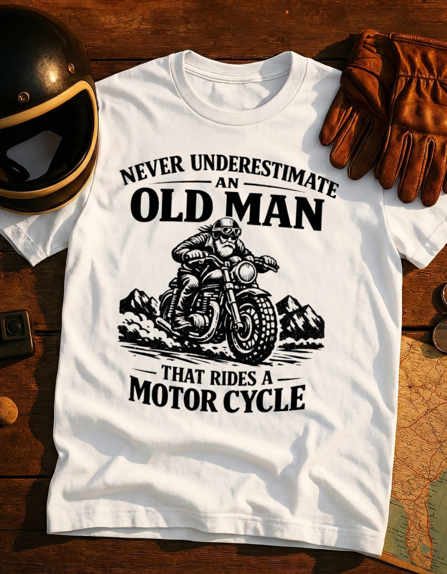 Never Underestimate an Old Man That Rides a Motorcycle T-Shirt — Vintage Biker Tee for Dad & Grandpa