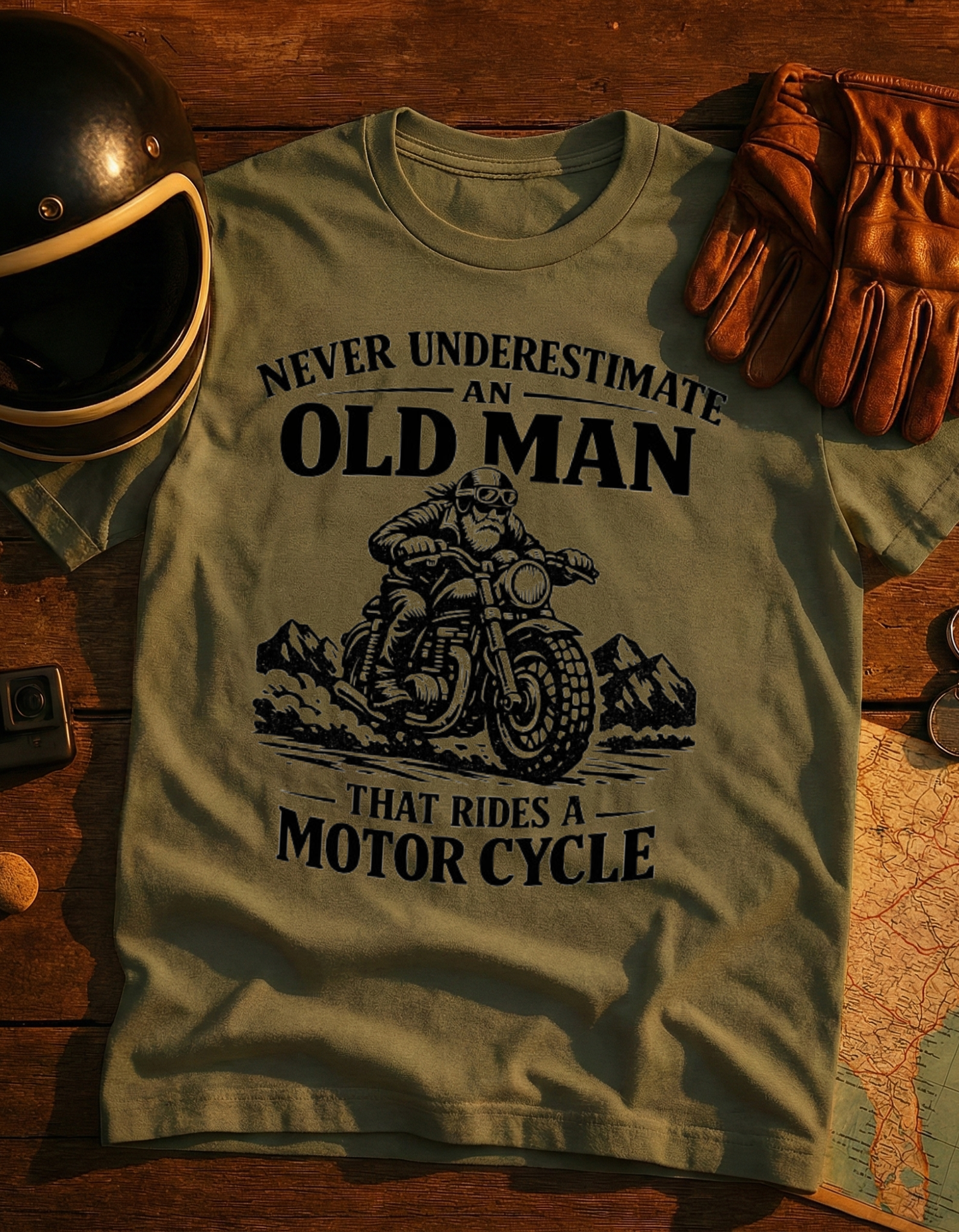 Never Underestimate an Old Man That Rides a Motorcycle T-Shirt — Vintage Biker Tee for Dad & Grandpa
