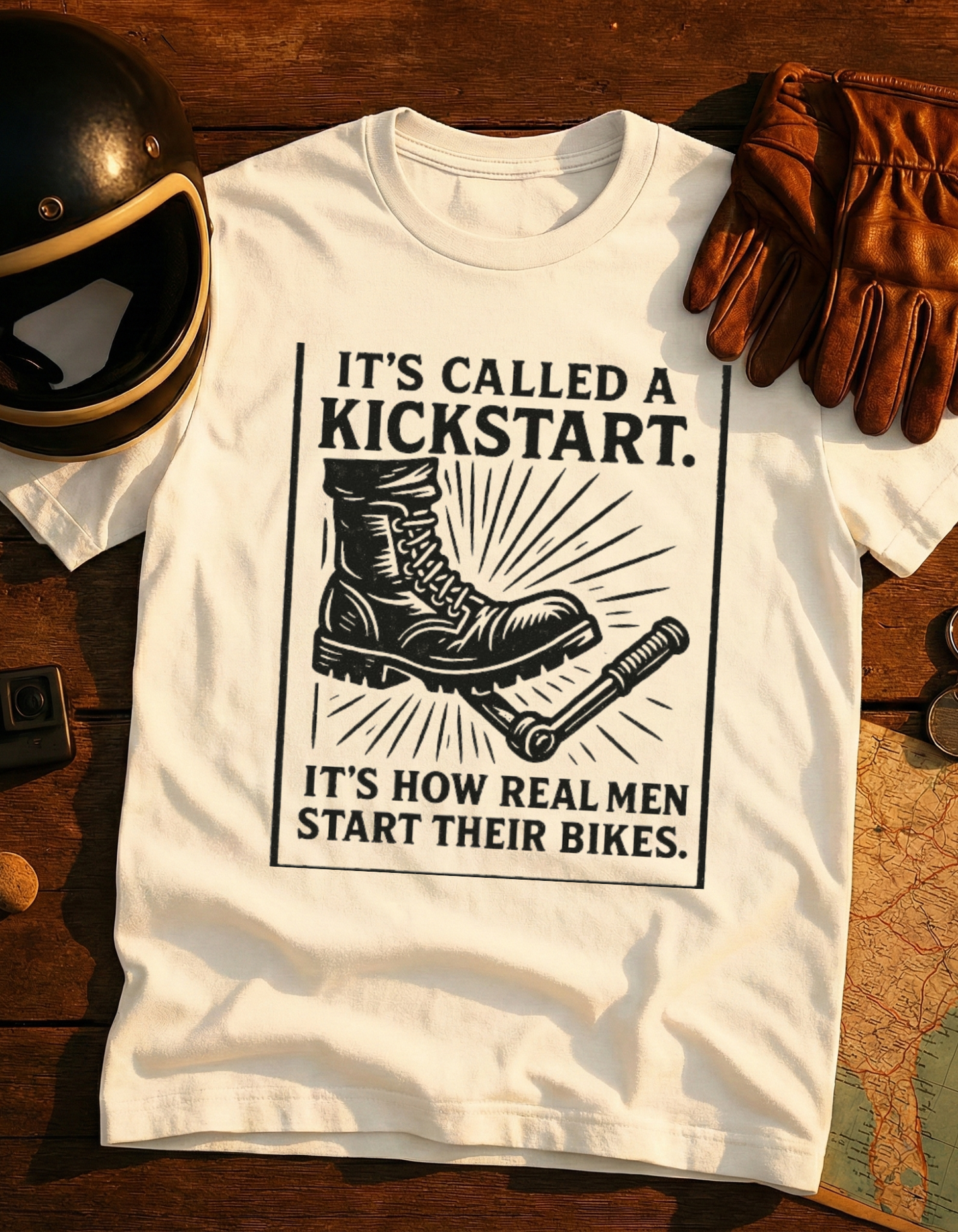 Kickstart Motorcycle T-Shirt — "It's Called a Kickstart. It's How Real Men Start Their Bikes."