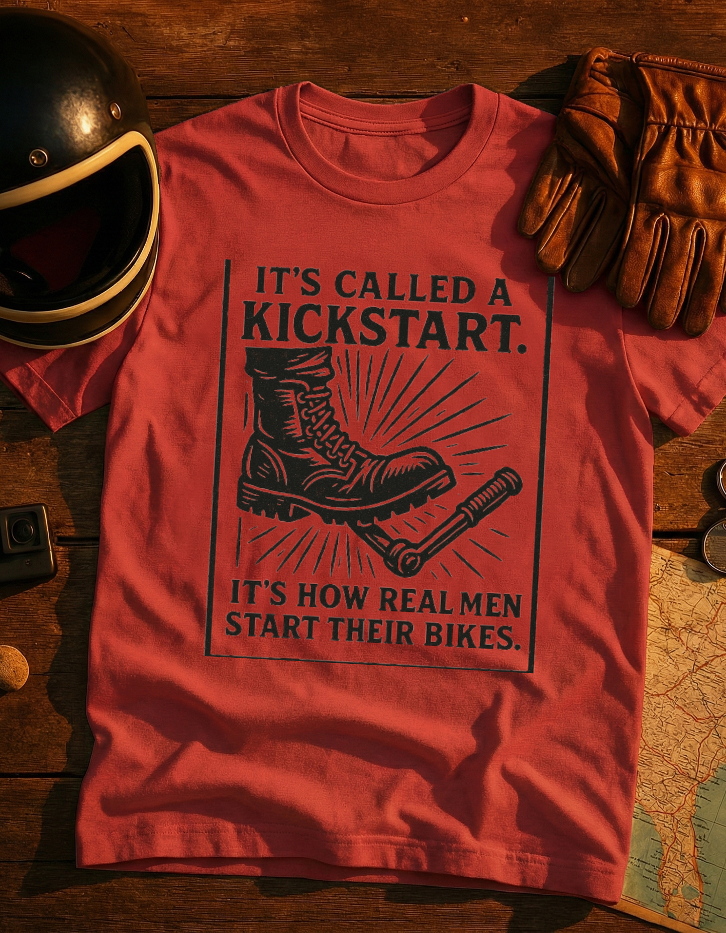 Kickstart Motorcycle T-Shirt — "It's Called a Kickstart. It's How Real Men Start Their Bikes."