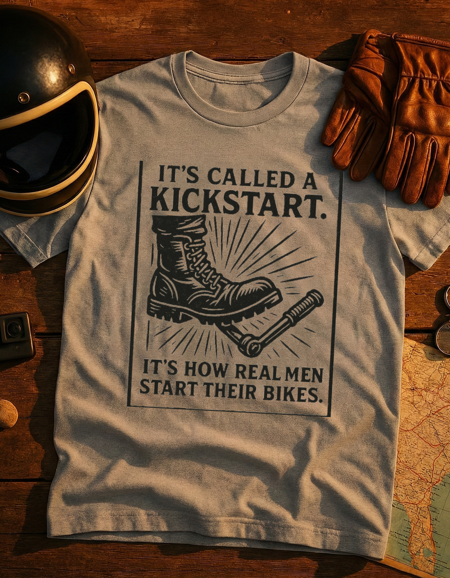 Kickstart Motorcycle T-Shirt — "It's Called a Kickstart. It's How Real Men Start Their Bikes."