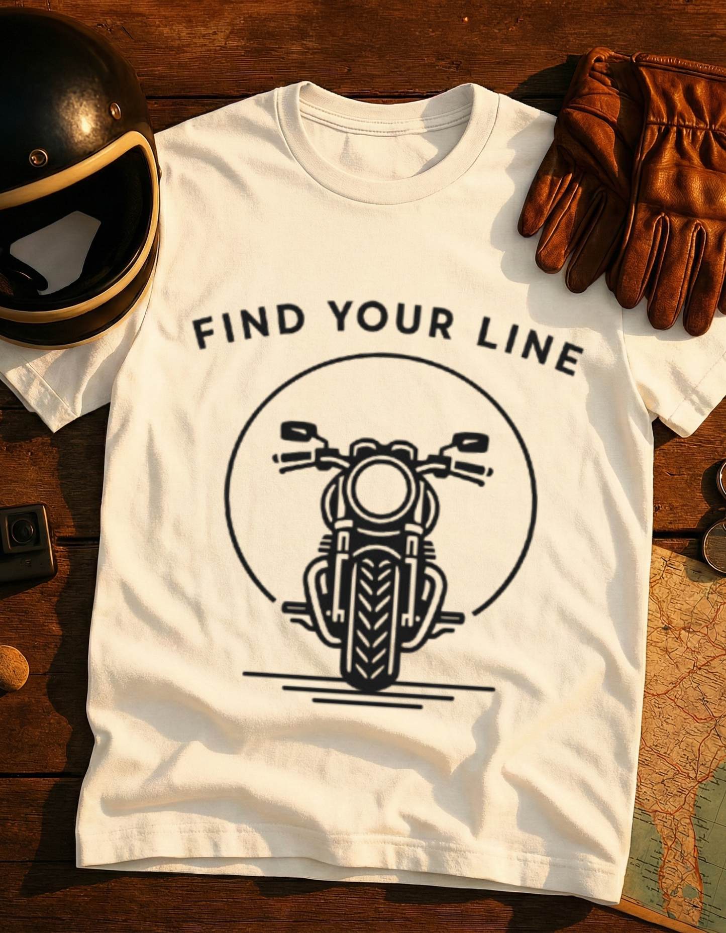 Find Your Line Motorcycle T-Shirt — Retro Front-Facing Bike Graphic