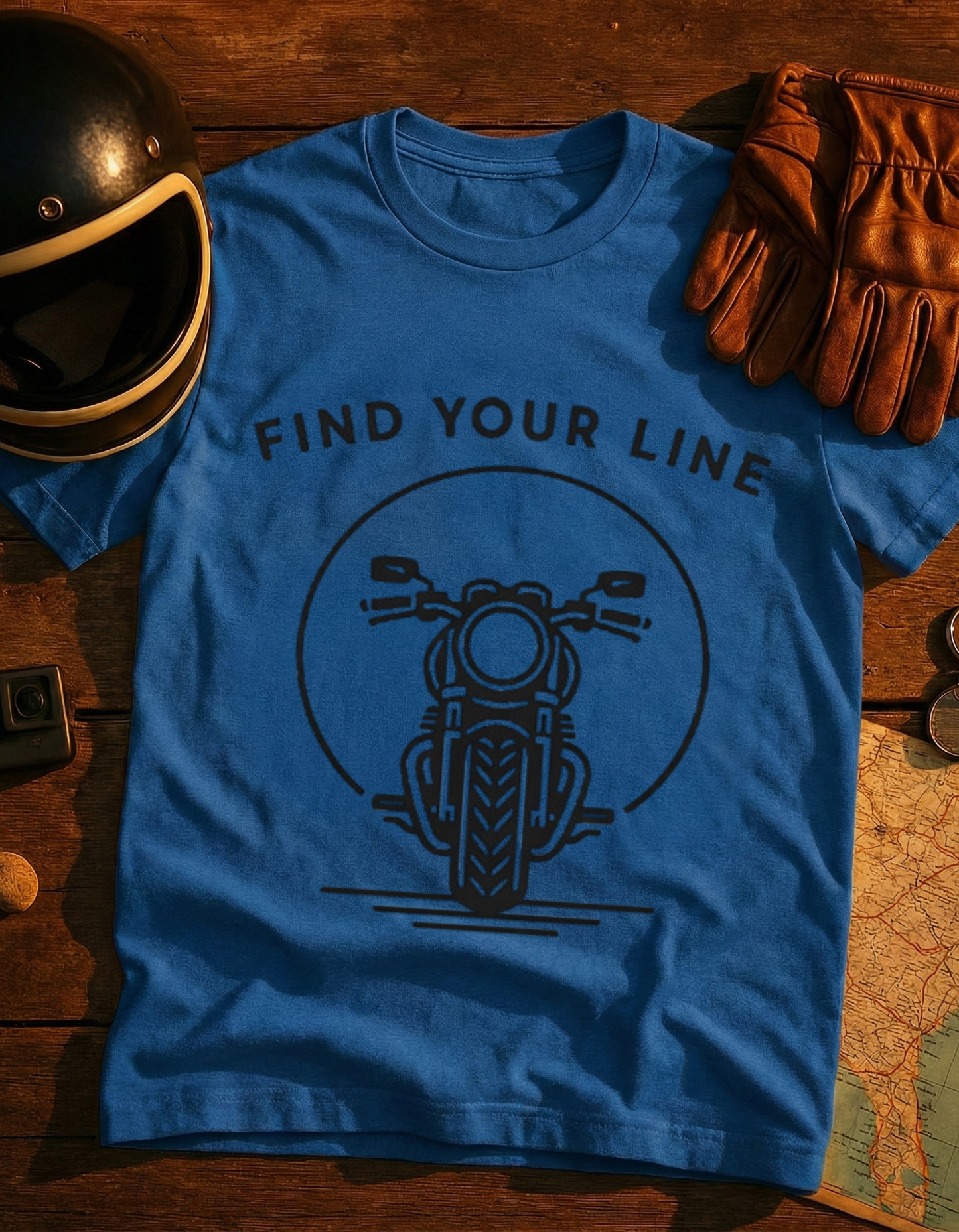 Find Your Line Motorcycle T-Shirt — Retro Front-Facing Bike Graphic