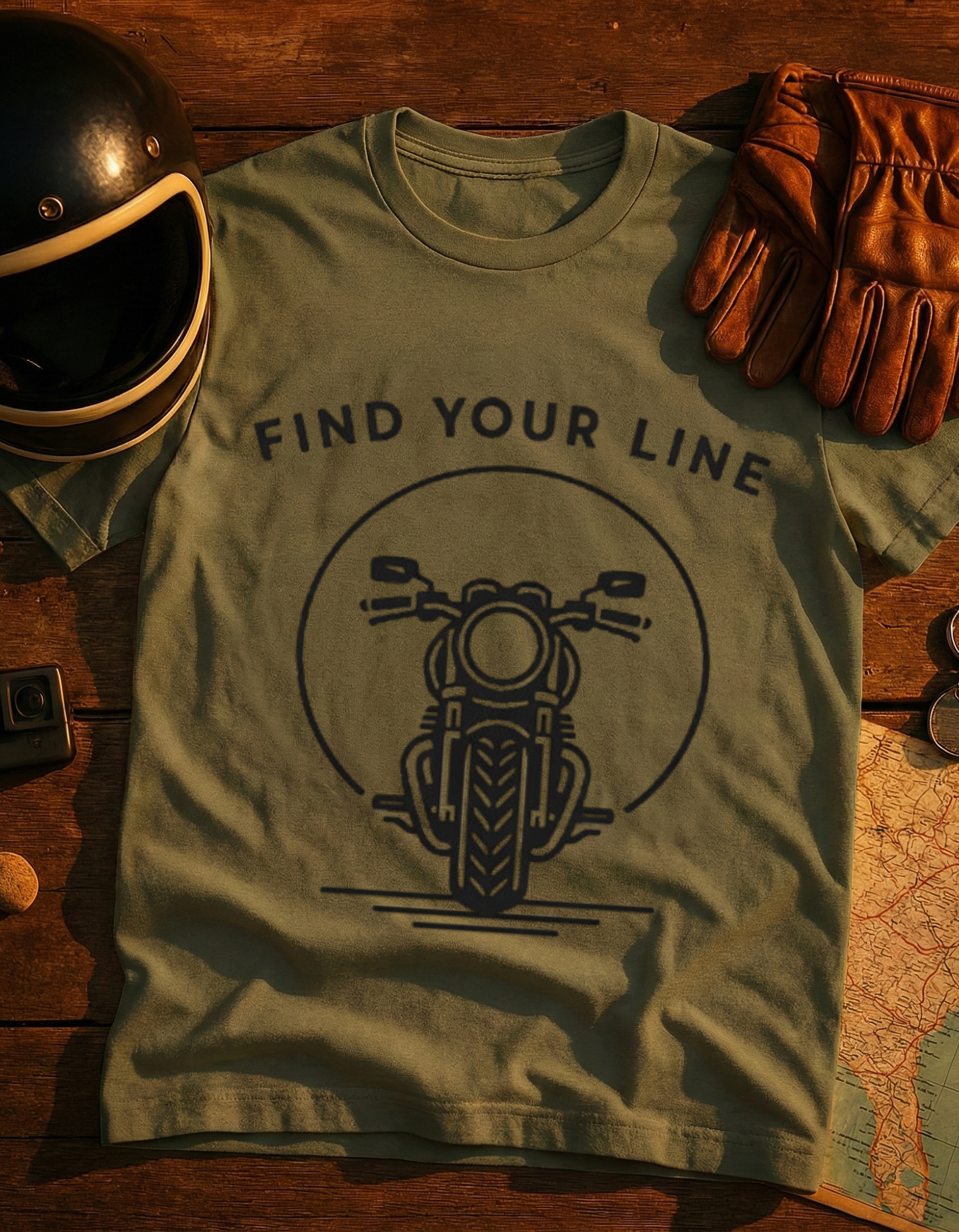 Find Your Line Motorcycle T-Shirt — Retro Front-Facing Bike Graphic