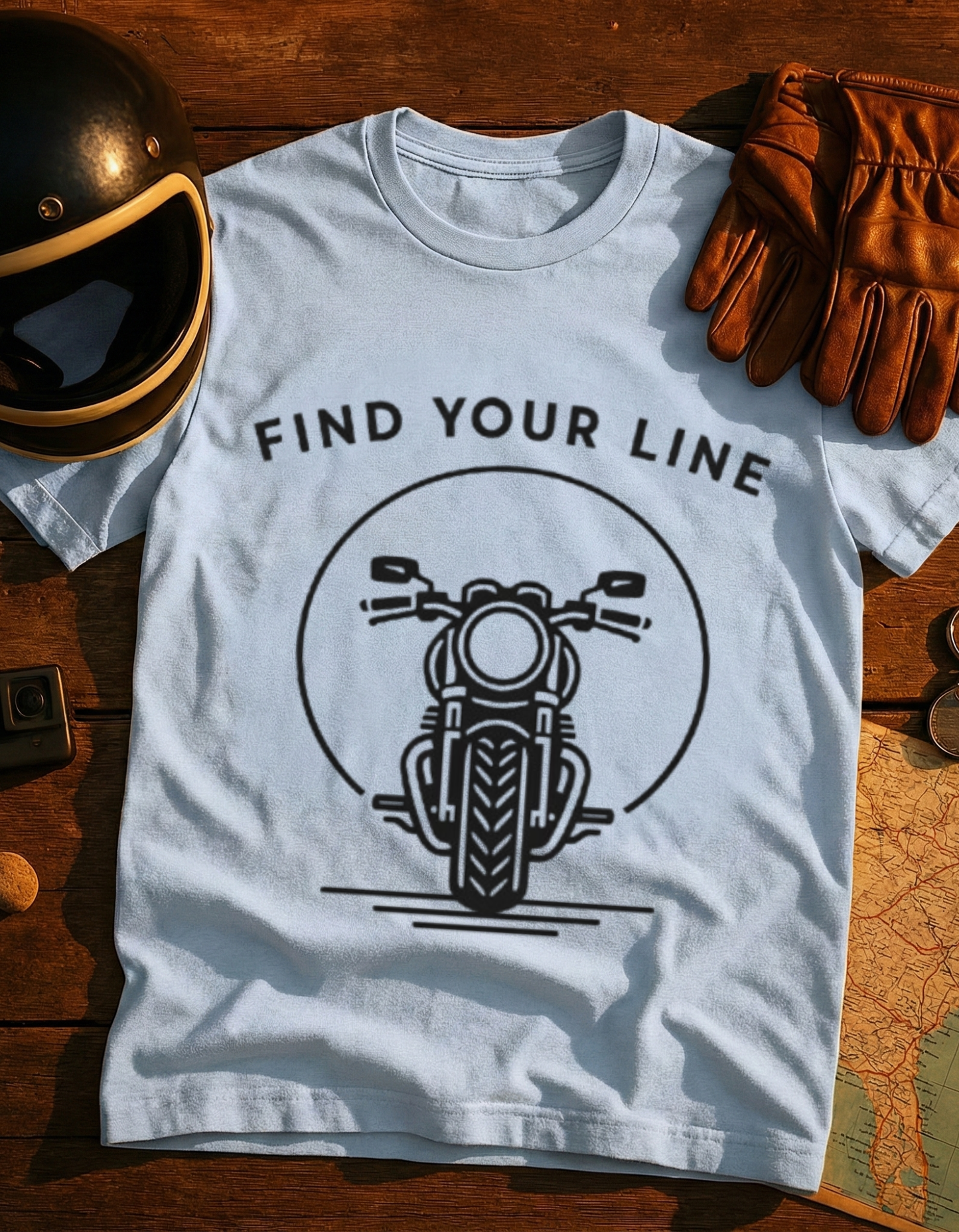 Find Your Line Motorcycle T-Shirt — Retro Front-Facing Bike Graphic