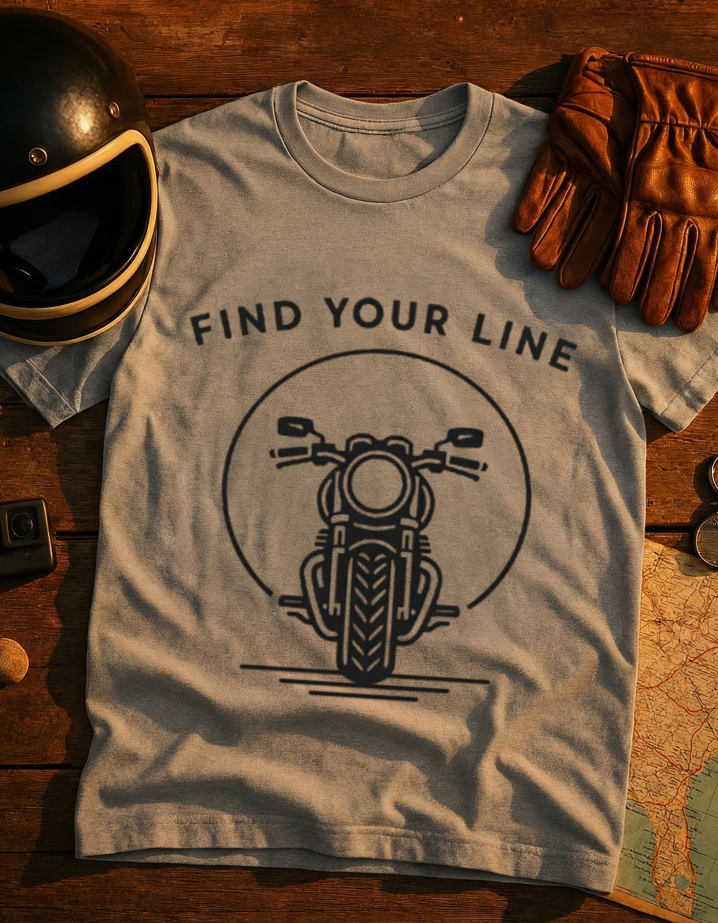 Find Your Line Motorcycle T-Shirt — Retro Front-Facing Bike Graphic