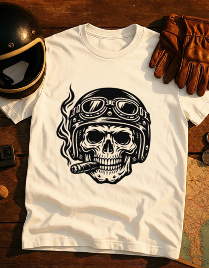 Skull Biker T-Shirt — Vintage Helmet & Cigar Motorcycle Tee