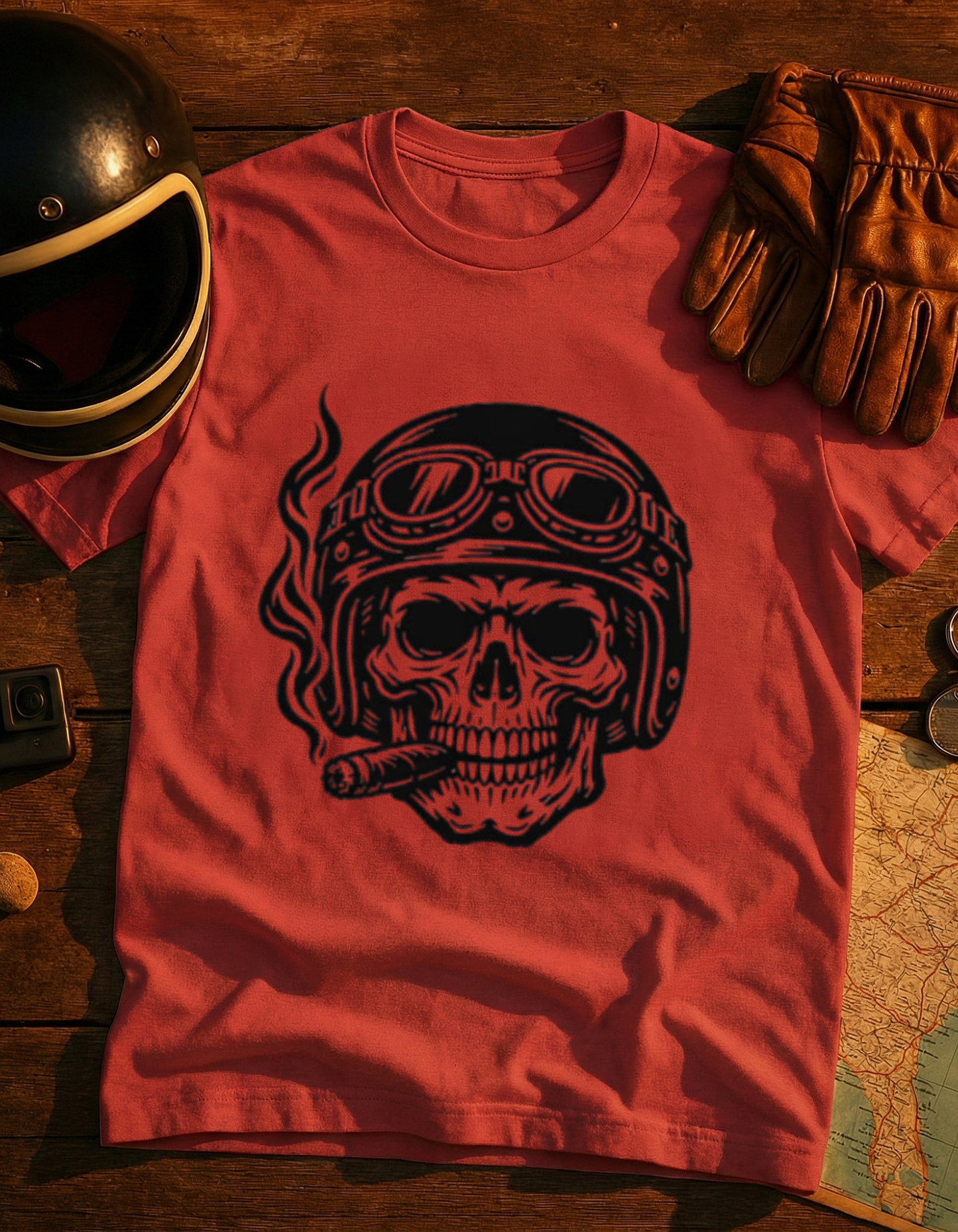 Skull Biker T-Shirt — Vintage Helmet & Cigar Motorcycle Tee