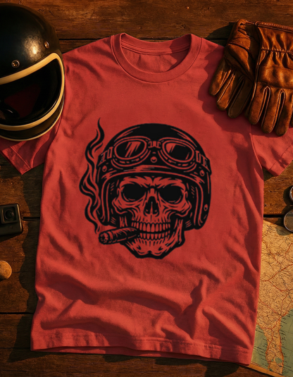 Skull Biker T-Shirt — Vintage Helmet & Cigar Motorcycle Tee