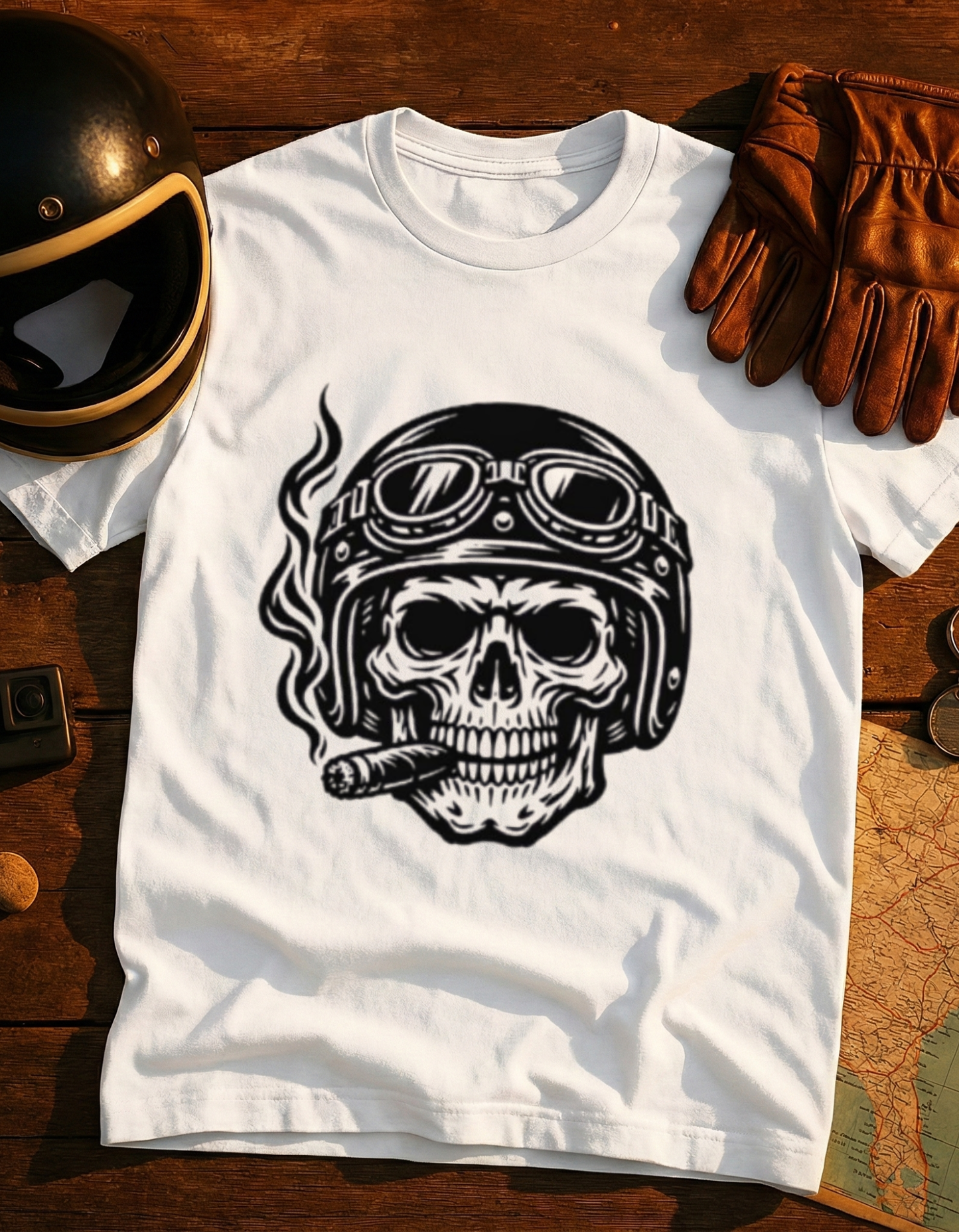 Skull Biker T-Shirt — Vintage Helmet & Cigar Motorcycle Tee