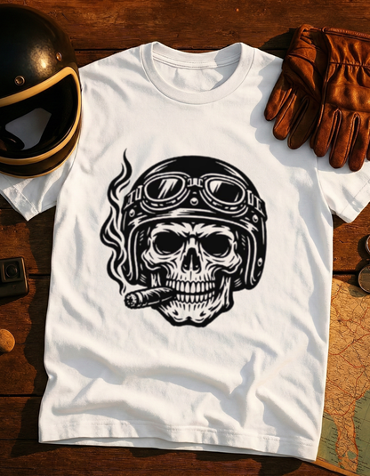 Skull Biker T-Shirt — Vintage Helmet & Cigar Motorcycle Tee