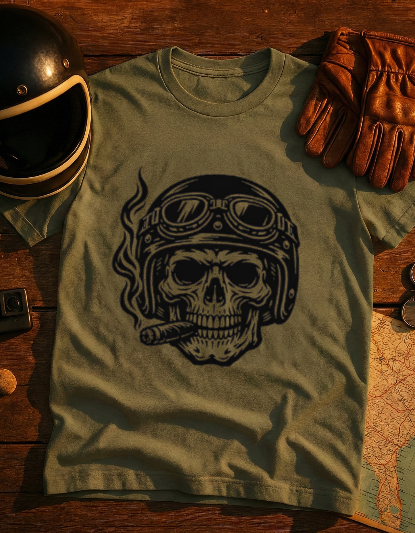 Skull Biker T-Shirt — Vintage Helmet & Cigar Motorcycle Tee