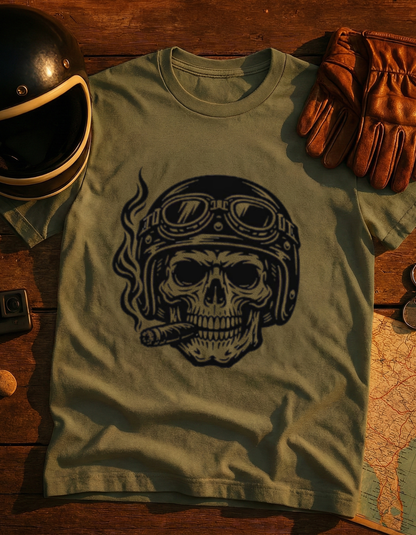 Skull Biker T-Shirt — Vintage Helmet & Cigar Motorcycle Tee