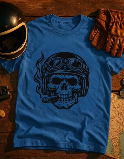 Skull Biker T-Shirt — Vintage Helmet & Cigar Motorcycle Tee
