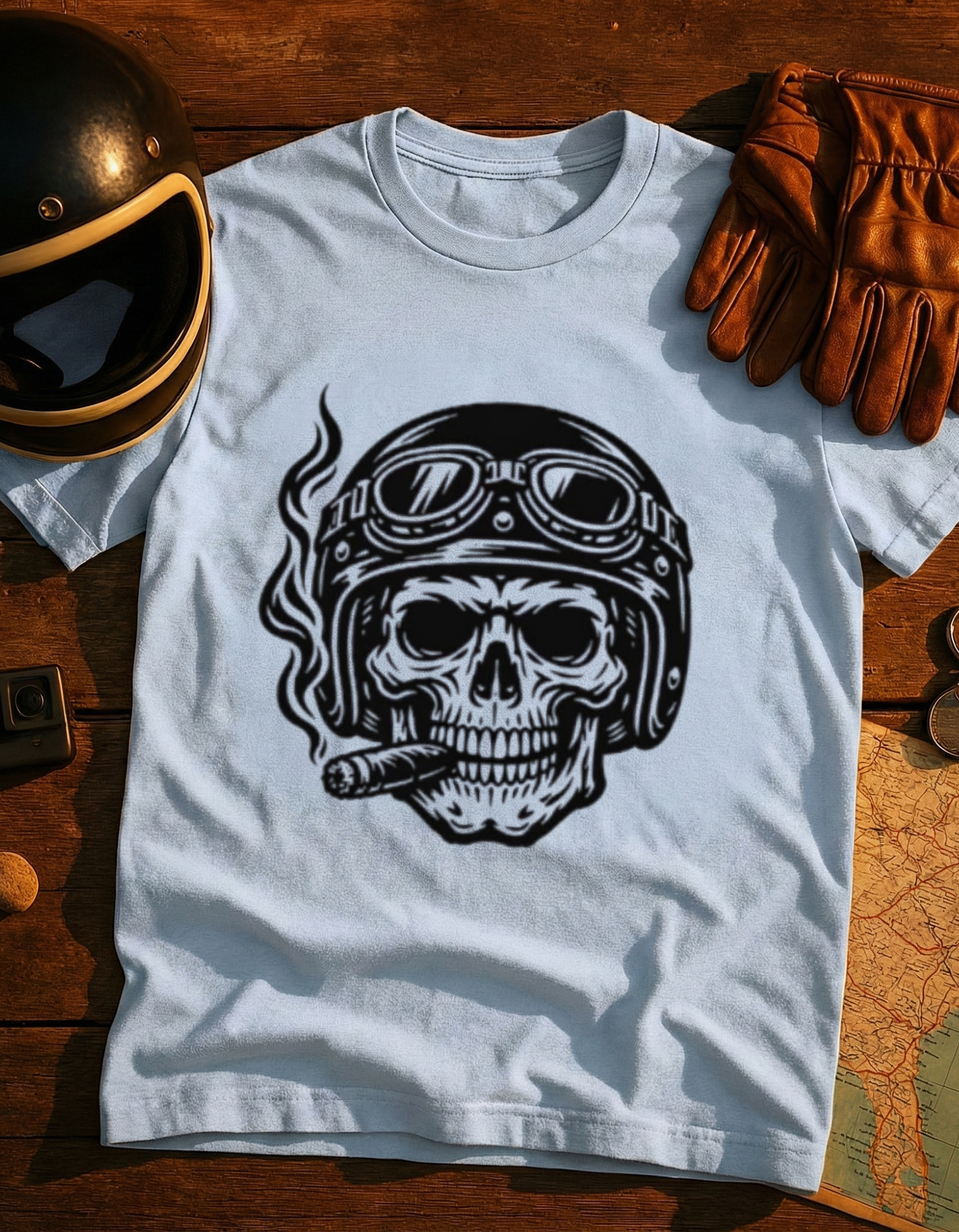 Skull Biker T-Shirt — Vintage Helmet & Cigar Motorcycle Tee