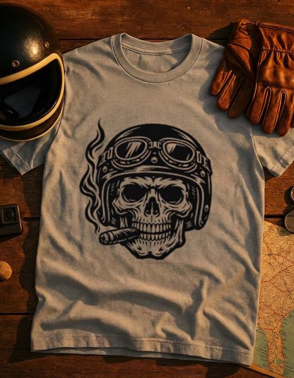 Skull Biker T-Shirt — Vintage Helmet & Cigar Motorcycle Tee