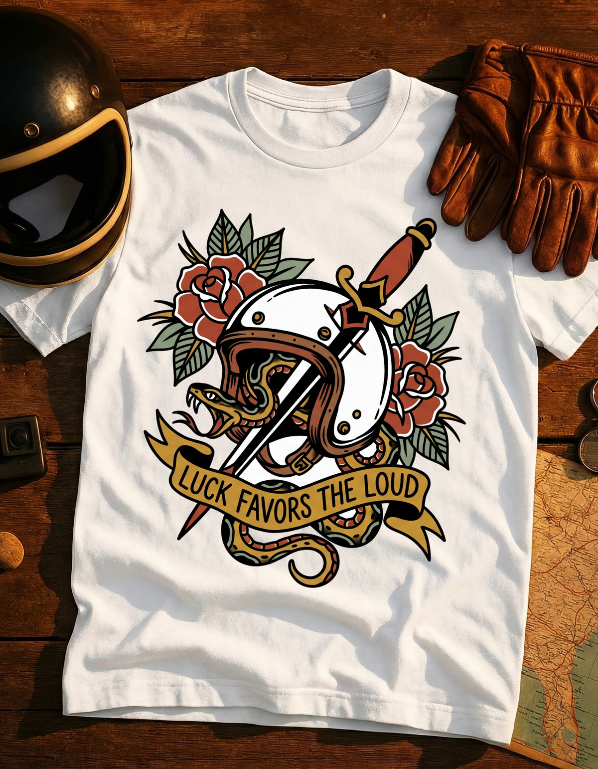 Tattoo-Style Horseshoe & Dagger T-Shirt — "Luck Favors the Bold" Graphic Tee