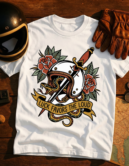 Tattoo-Style Horseshoe & Dagger T-Shirt — "Luck Favors the Bold" Graphic Tee