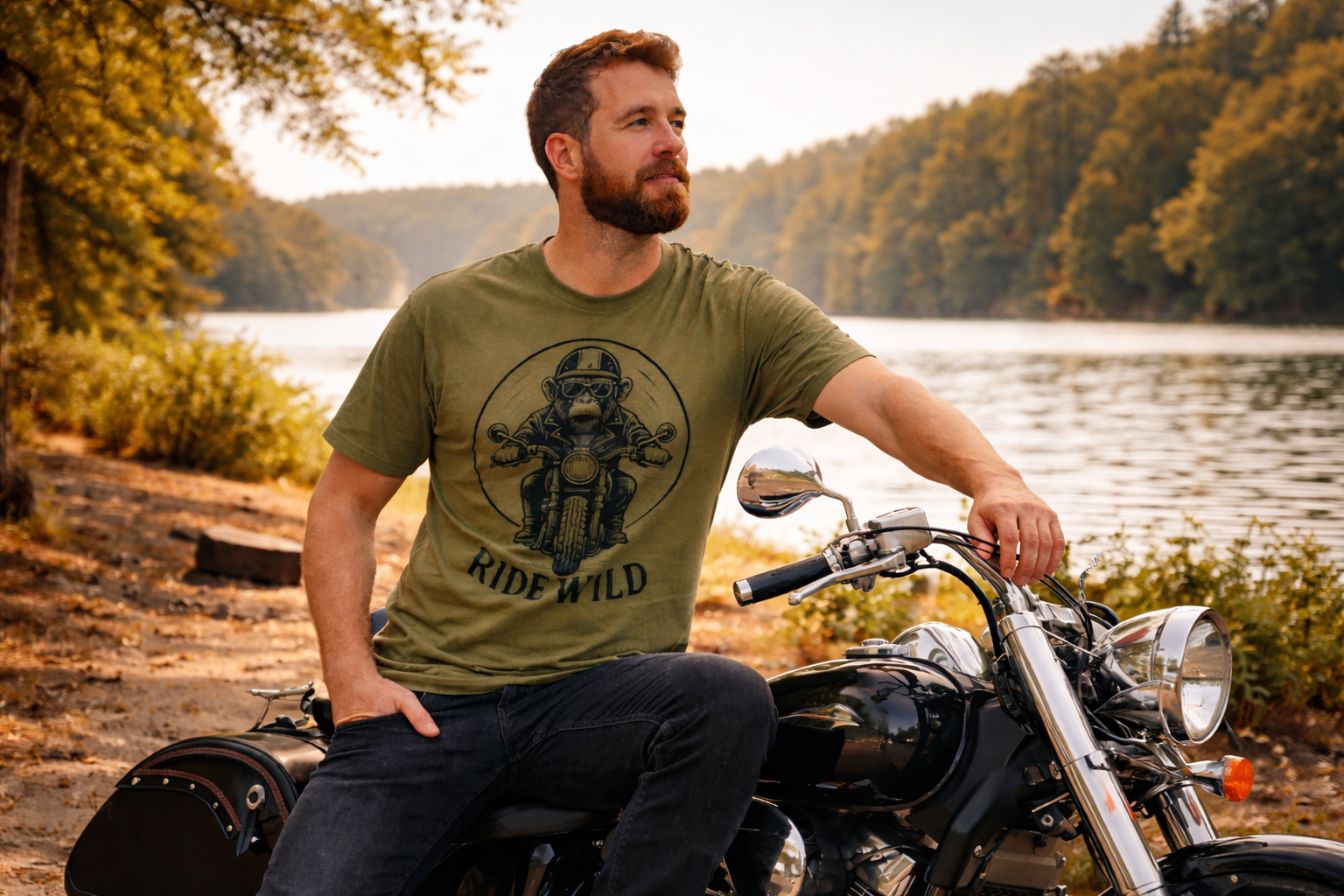 Man sitting on a motorcycle by a lake with a scenic background